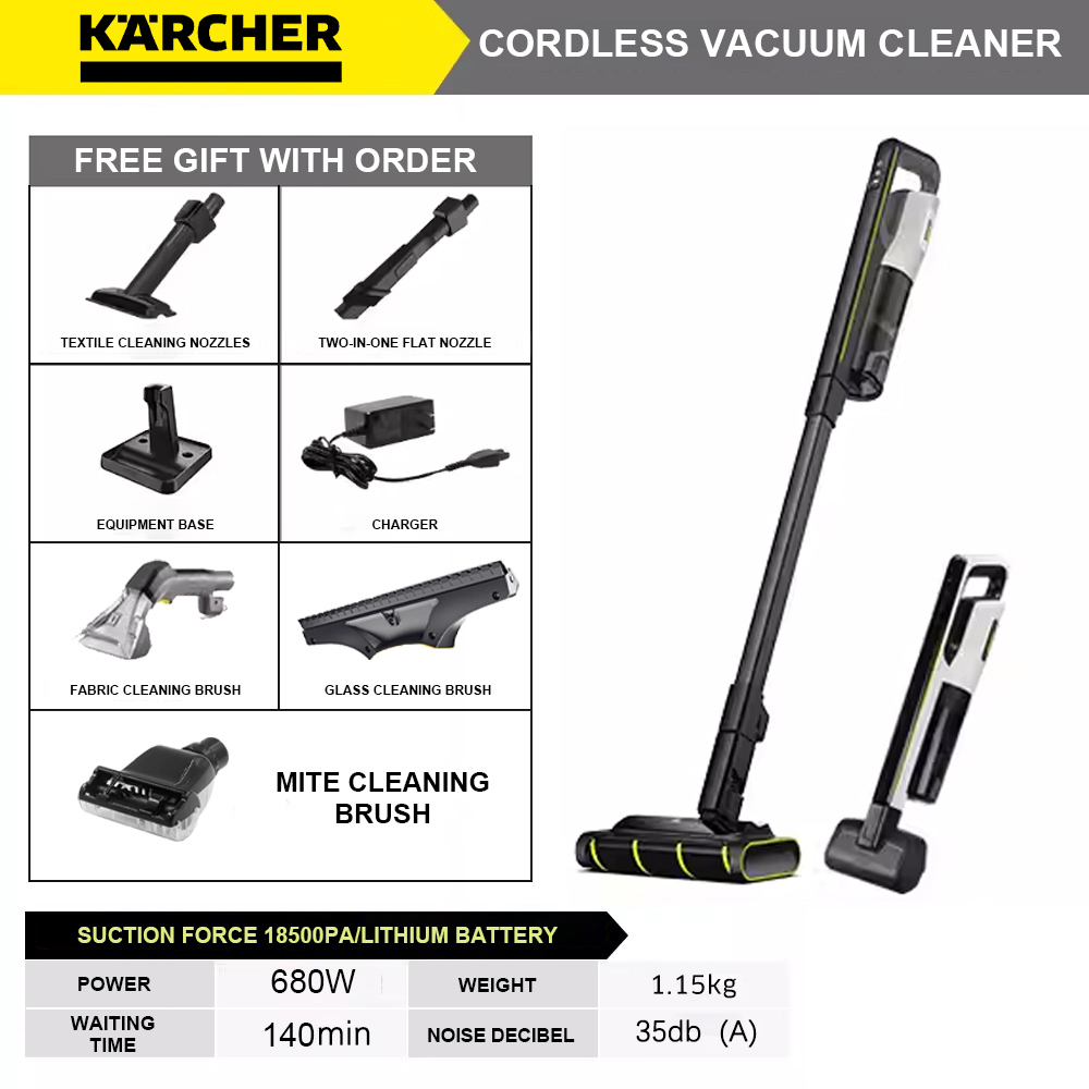 Karcher bezvadu putekļsūcējs + liela jauda 60000 apgr./min + liela sūkšanas jauda 18500pa + Al balss asistents + mobilās APP savienojums + pašattīrīšanās + spraugas birste + divas plakanas putekļsūcēja galviņas vienlaikus + maināma rotējoša birste un vates tampons * 1 + tīrīšanas šķidrums * 1 lādētājs + uzlādes statīvs + tīrīšanas birste