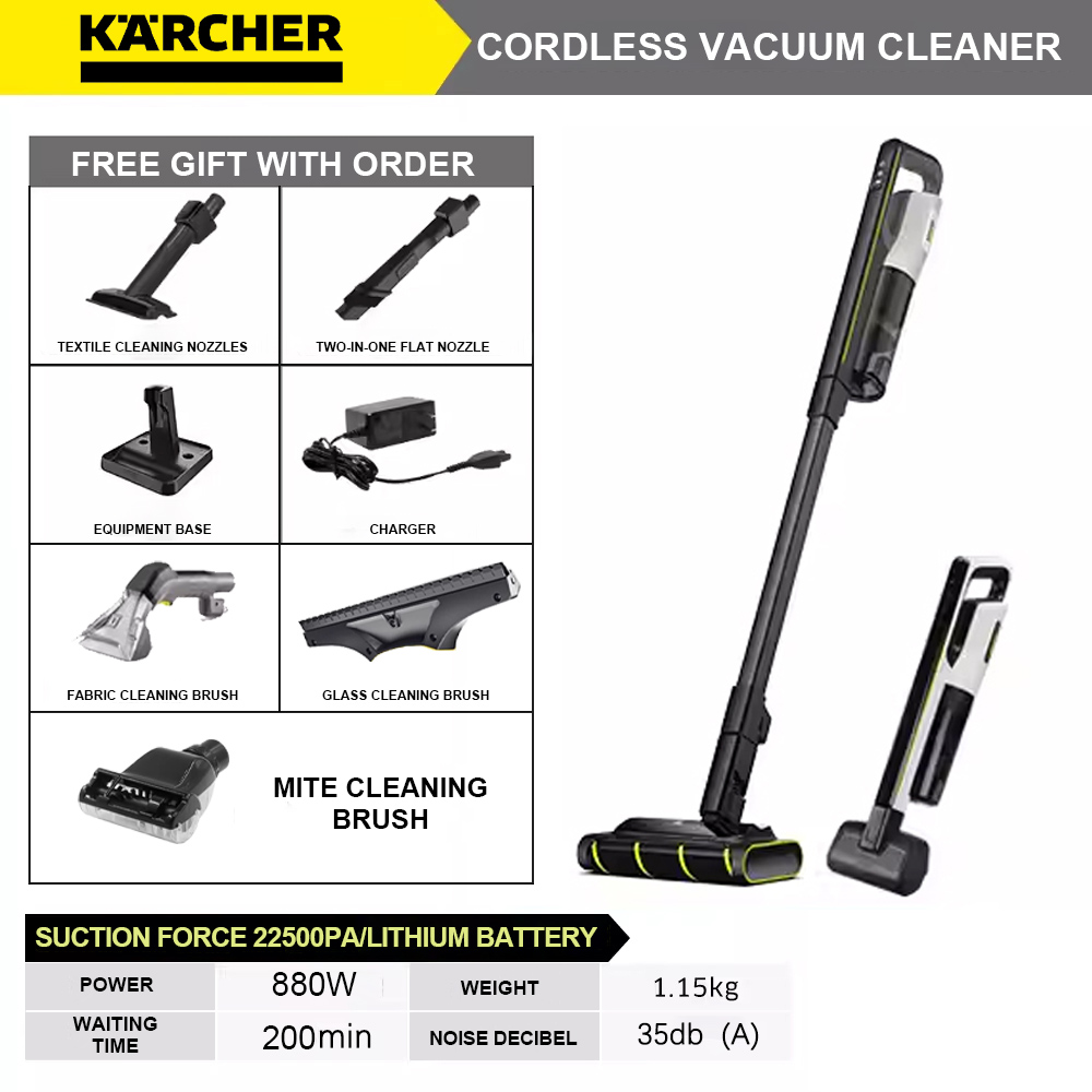 Karcher bezvadu putekļsūcējs + sūkšana un mops ar vienu + 100 000 apgr./min liela jauda + 22 500 pa liela sūkšanas jauda + tvaika režīms + AI balss palīgs + 180° slīpuma dizains + APP savienojums + pašattīrīšanās + žāvēšana + birstes komplekts 5 + LED apgaismojums + izvēles rezerves disku suku un vates tamponu komplekts * 2 + tīrīšanas šķīdums * 2 + lādētājs + akumulatora turētājs uzlāde + tīrīšanas birste (99% cilvēku izvēlas to)